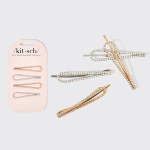 KITSCH - Metal Rhinestone Drop Bobby Pins 4pc Set - Gold/Silver